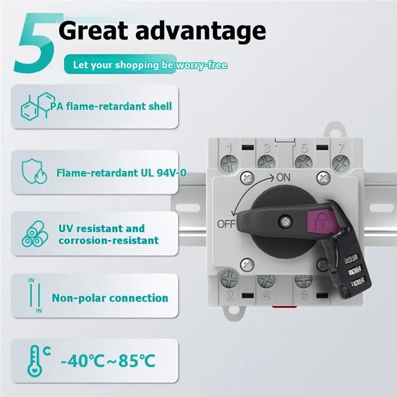 New Shown-4P DC Isolator Switch 32A 1200V, DIN-Rail Mount DC Disconnect Switch For PV Solar Distribution Box