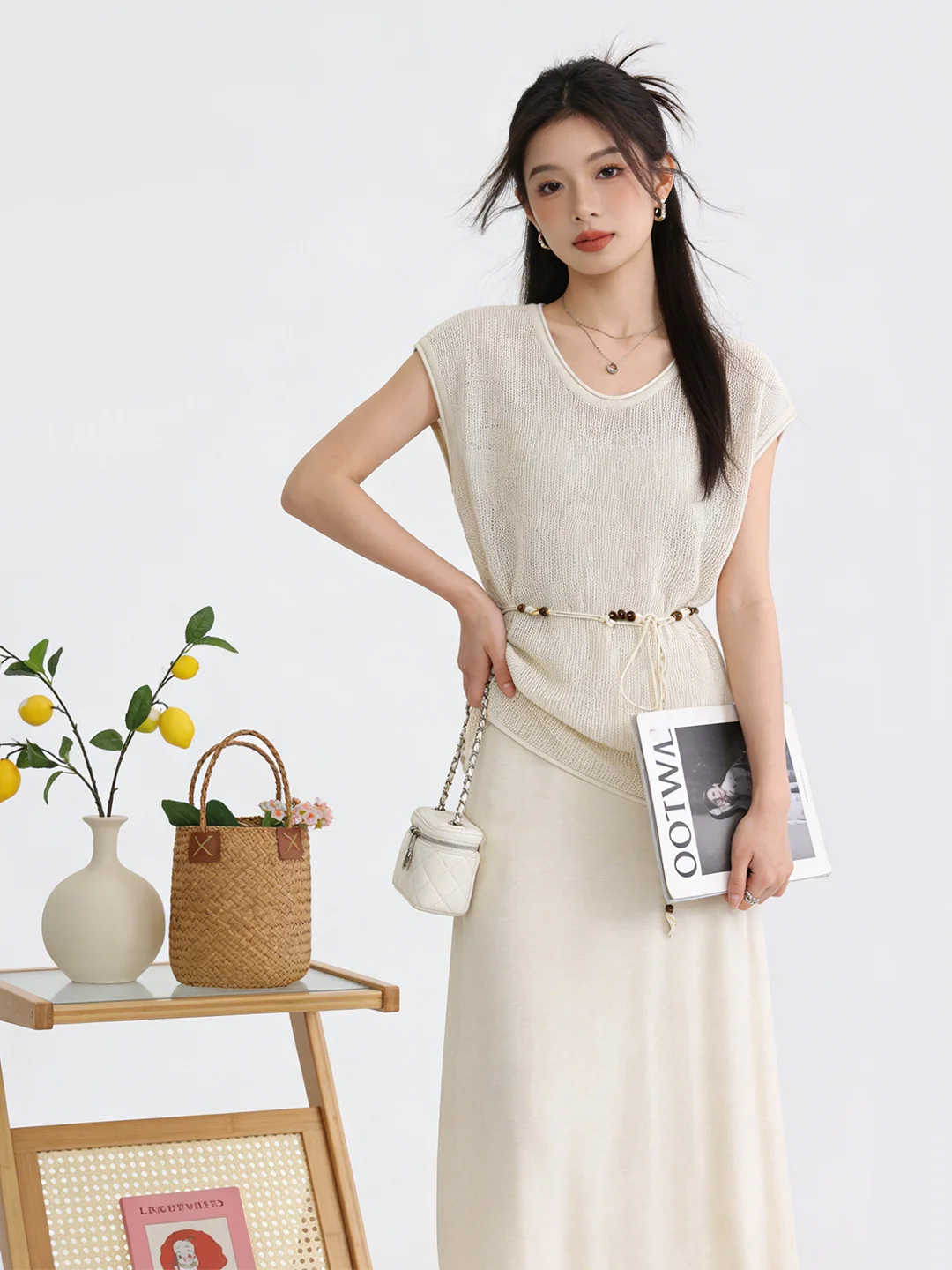 

Skin-friendly Breathable Knitted Vest Cover up Dr Belted Waist Slimming Summer Faion Set Casual Sle round Ne T-irt