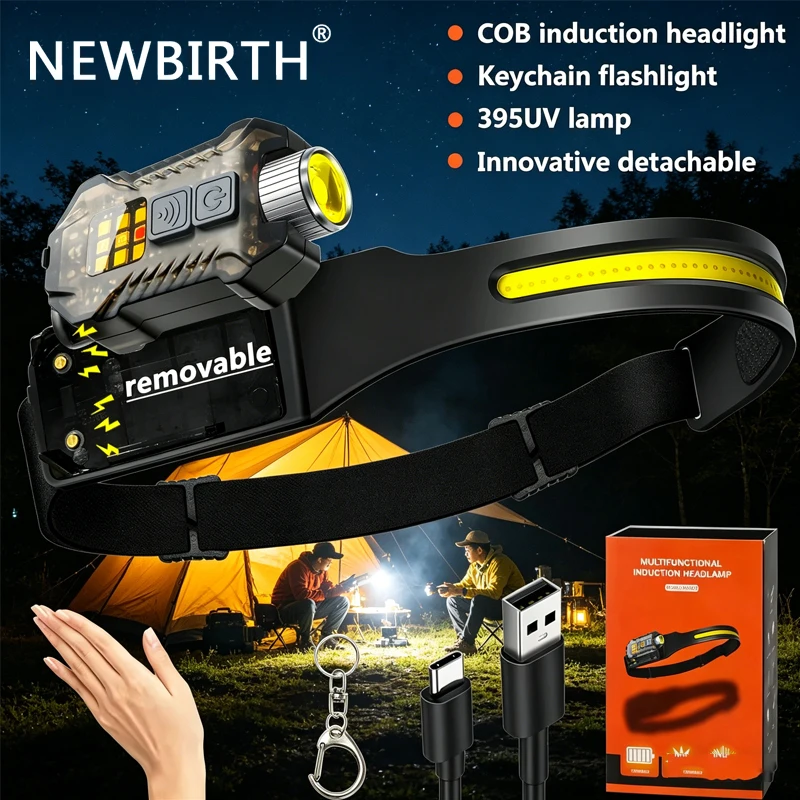 Linterna frontal LED recargable con sensor para camping y pesca
