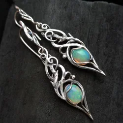 Ethnic Oval Natural Color Stone Earrings Vintage Silver Color Metal Hollow Design Dangle Earrings for Women Jewelry