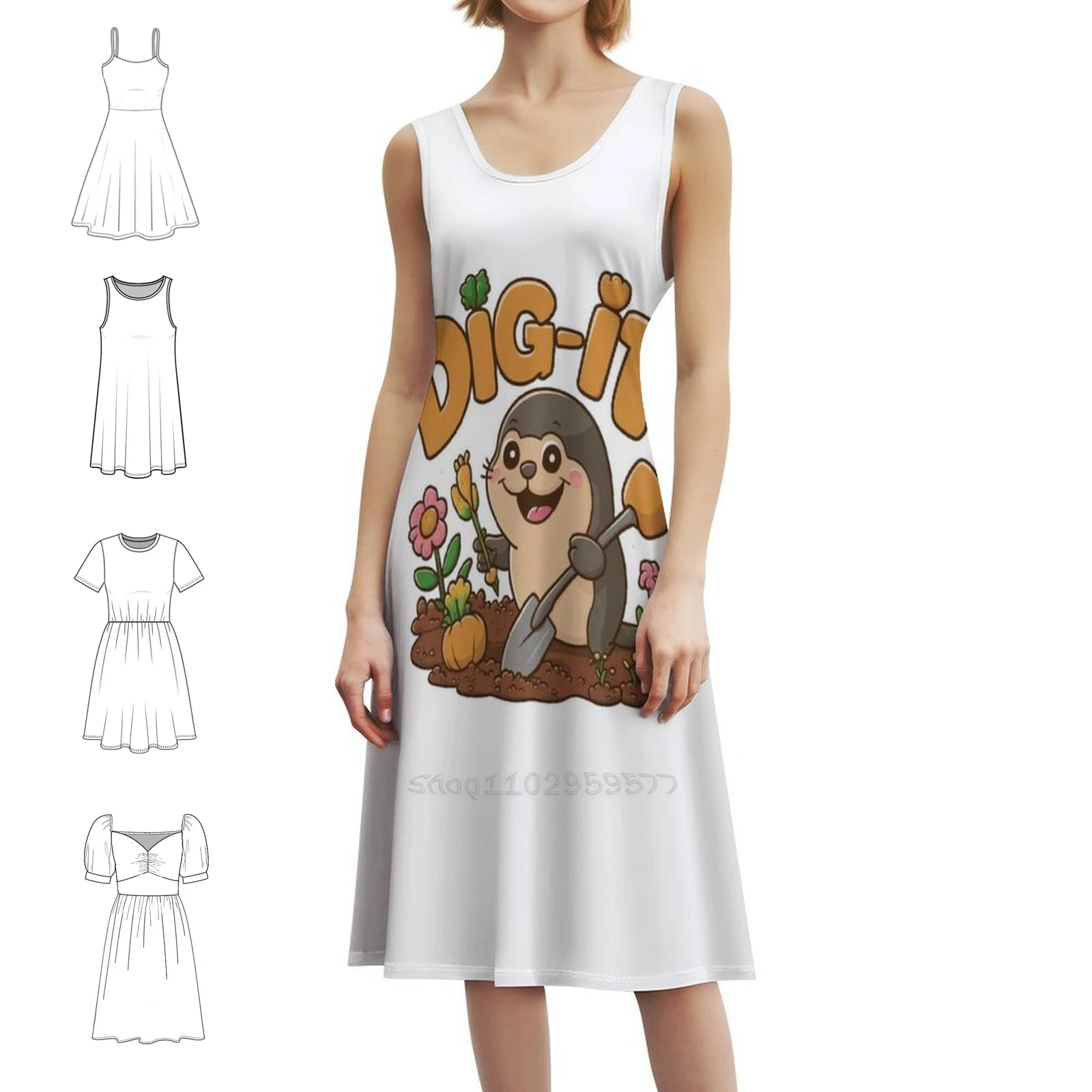 

Gardening Mole : 'Dig-It' Design Korean Style Casual Dress For Women Simple Daily Office Lady Dresses Mole Design Gardening