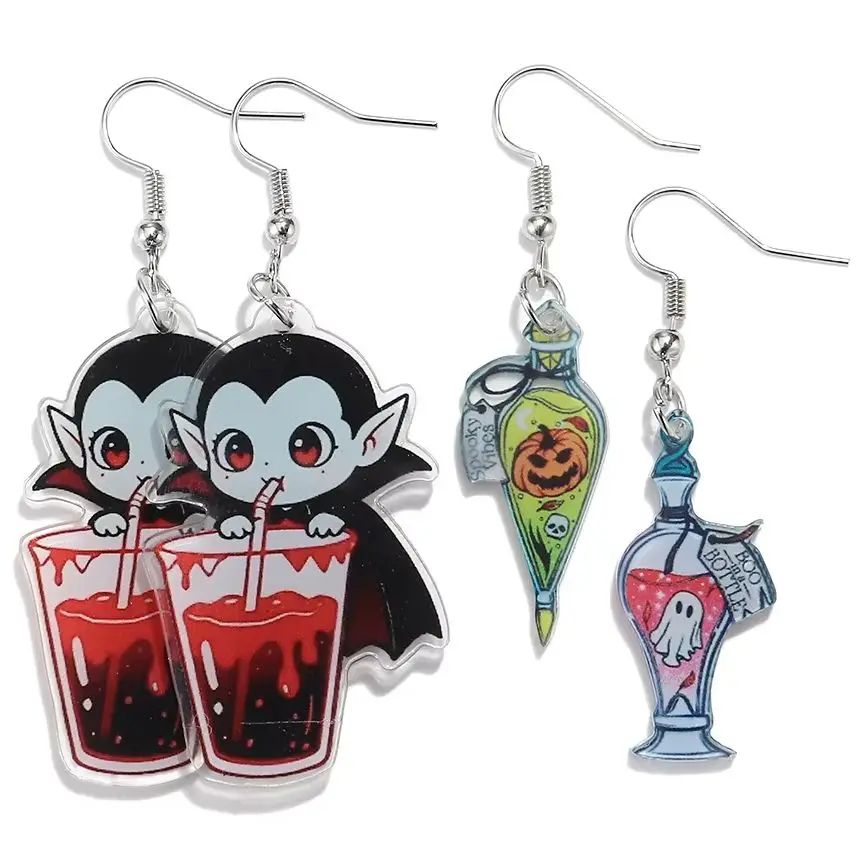 Halloween Acrylic Dangle Earrings for Women Cute Vampire Ghost Potion Bottle Drop Earring Spooky Cartoon Party Jewelry Gift