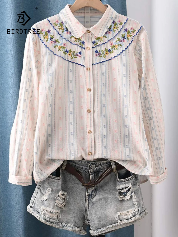 

New 2026 Summer Women Cotton Long Sleeve Shirt, Lapel Embroidery Striped, Mori Girl OL Ethnic Style Soft Loose Blouse T64384CC