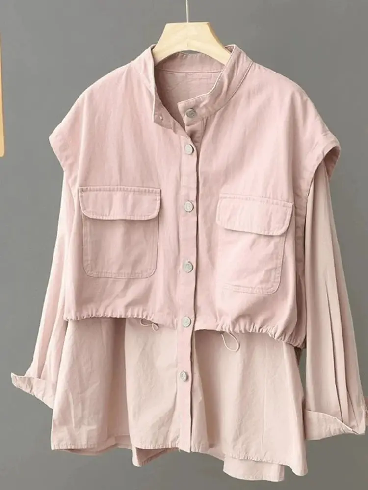 Design sense splicing vest shirt jacket women's 2025 spring loose and thin high sense niche fake two-piece top