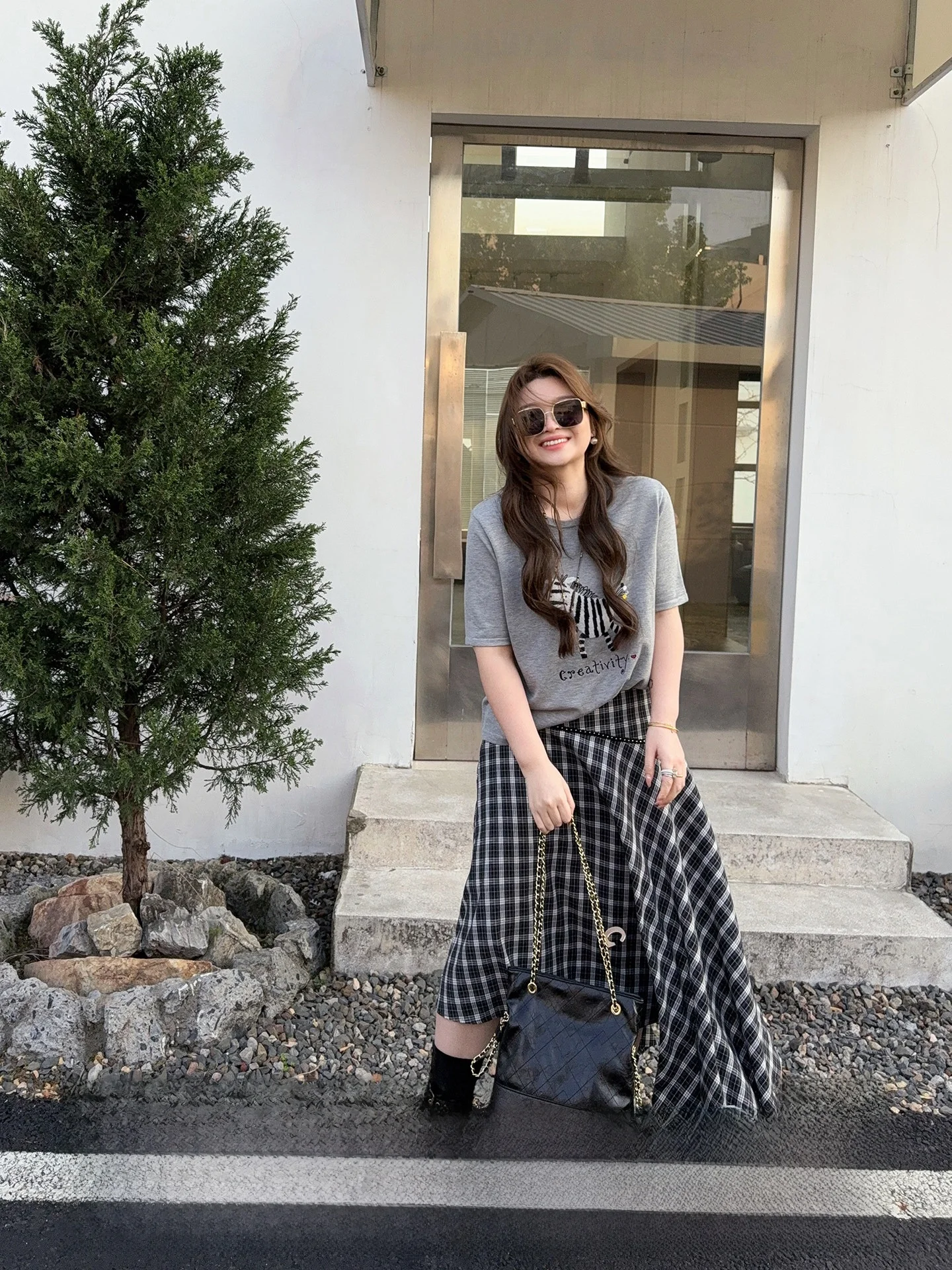 

Large Size Women's Knitted ort Sve Plaid Skirt Set Casual Two-Piece Suit Spring Summer High Waist A-Line Skirt