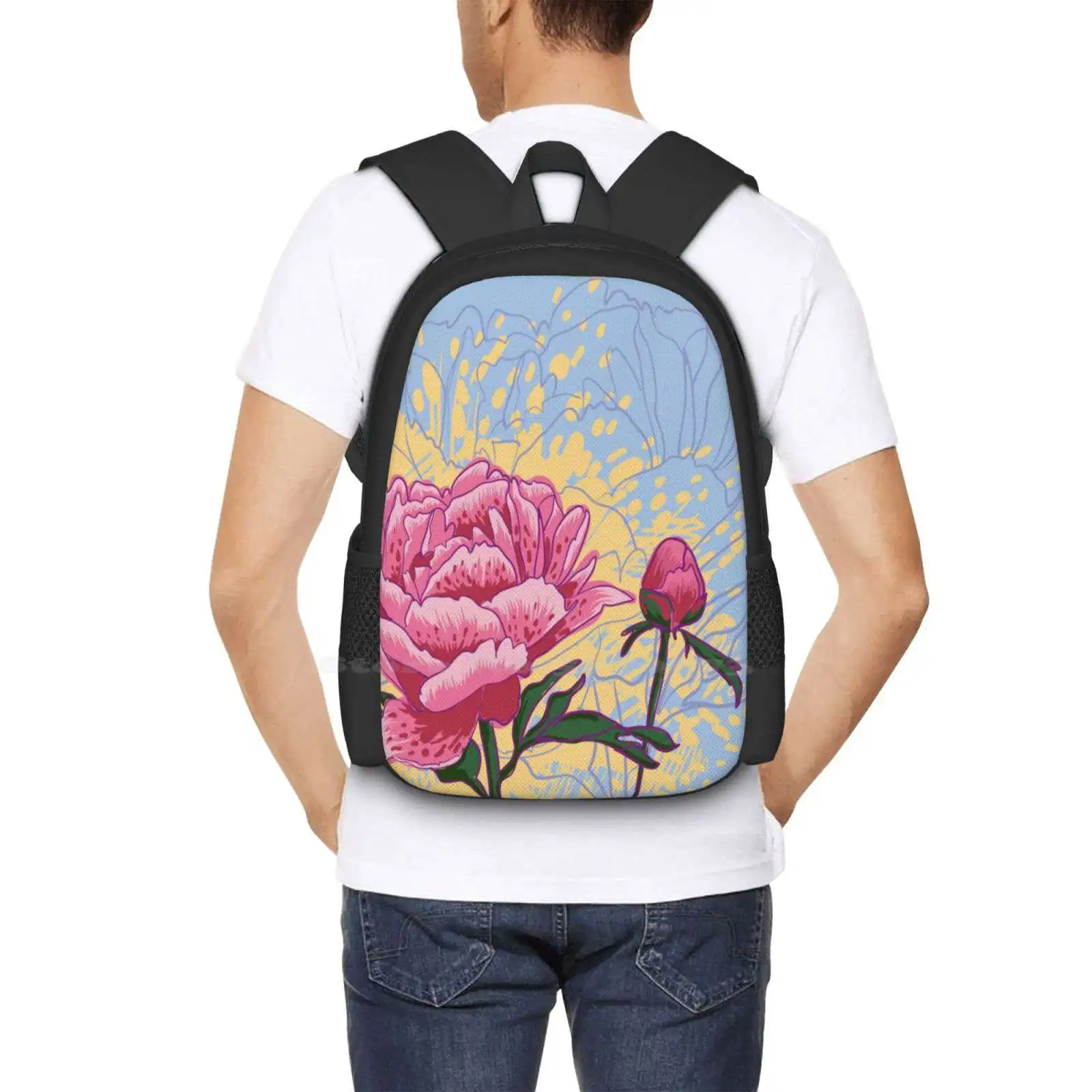 Mochila escolar con diseño de patrón de flores de peonía, bolso para portátil de viaje, línea de pión antiguo, hoja rosa, pétalo, estilo Retro