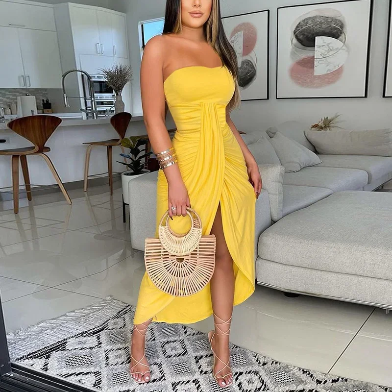 فستان نسائي أنيق بدون حمالات بلون سادة مكشوف الأكتاف بدون أكمام مكشكش بخصر عالٍ فستان صيفي للحفلات للسيدات #1