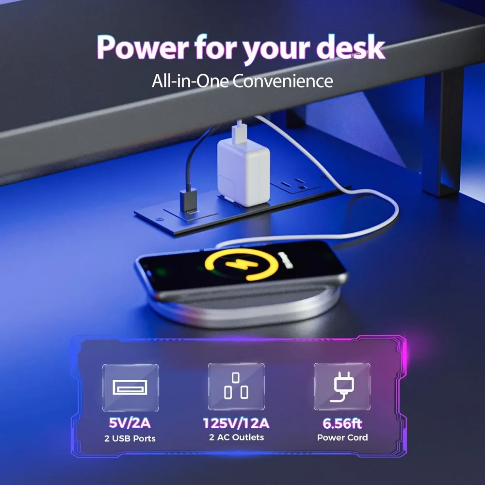 LED-Illuminated Gaming Desk with Power Outlets, Reversible PC Case Stand, Fabric Drawers, Modern Office Desk with Ergonomic Desi