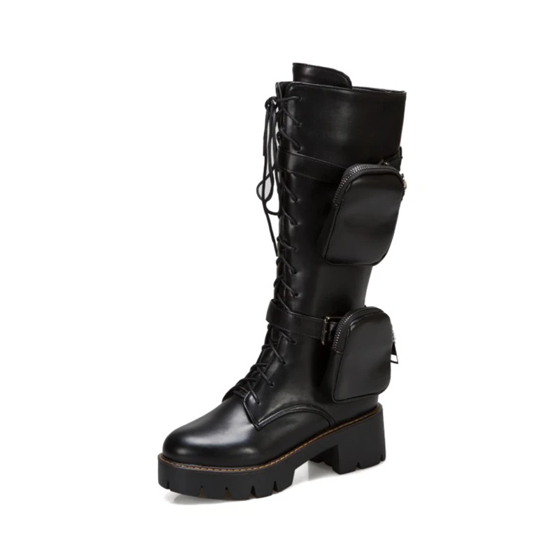 Knee High Boots Women Fashion Pocket Side Zip Lace Up Chunky Heels Autumn Winter Leisure Brown Long Platform Boots 1079-2
