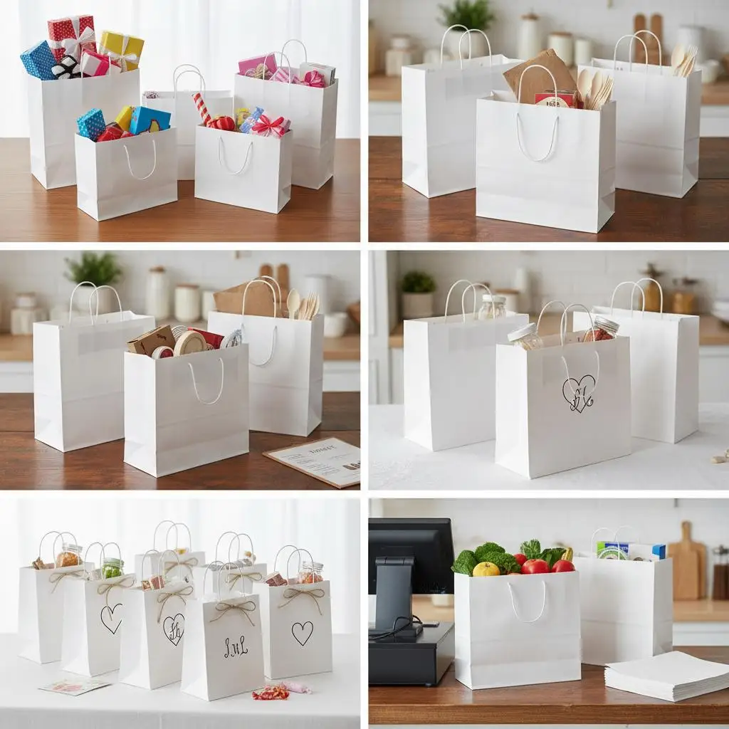 White Shopping Totes 16 x 6 x 12 in For Birthday Wedding Business, Large Paper Sacks Reusable Recycled Plain Party Bulk Goody