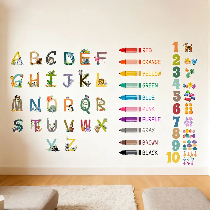 Colorful Animal Letter Number Wall Stickers for Kids Room Bedroom Classroom Game Room Home Decor Self-Adhesive Decals