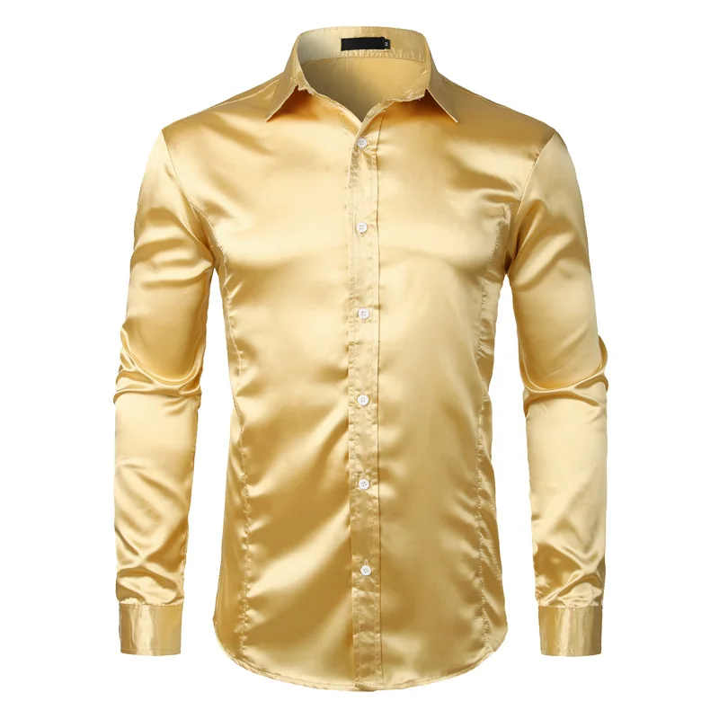 Silk Satin Shirt Men Autumn Long Sleeve Mens Dress Shirts Shiny Smooth Solid Color Camisa Masculina Slim Fit Mariage Chemise XXL