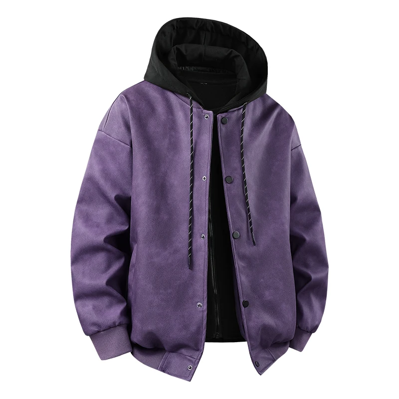 

2025 Men Retro Pu Jackets Mens Loose Fit Pu Leather Jacket Autumn Trendy Dyed Workwear Jackets Male Patchork Hooded Outerwear