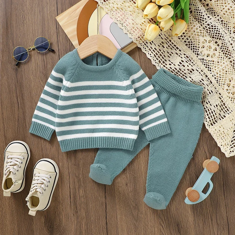 

Autumn Baby Clothes Set Knitted Children Pullover +Pantyhose Warm 2PC Infant Gril Boy Sweater Long Sleeve +Pants Fashion Striped