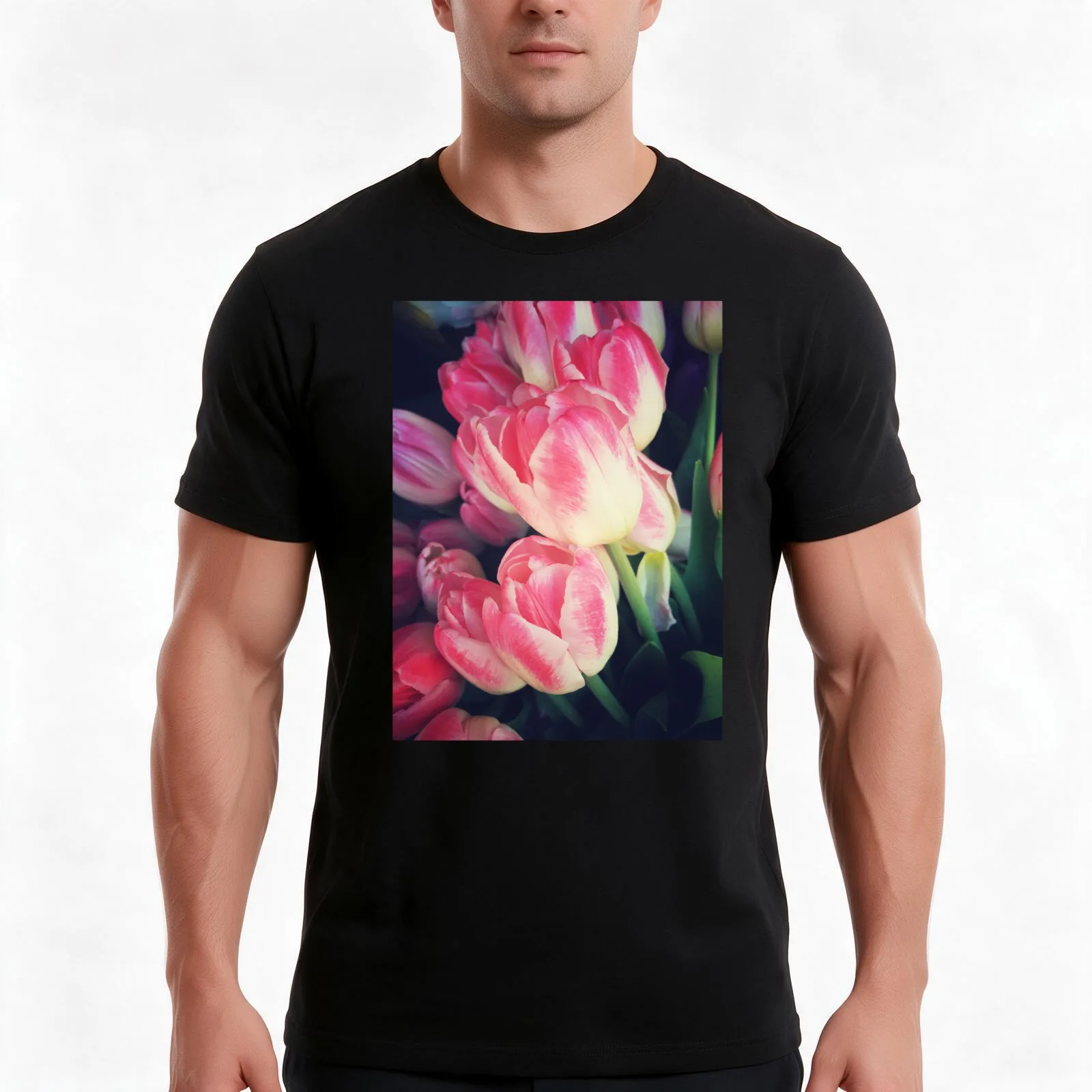 Tulip Lovers - Dramatic Pink Tulips Art Photography T-Shirt, Summer Casual Cotton Tee, Oversized Streetwear Tops, 100% Cotton
