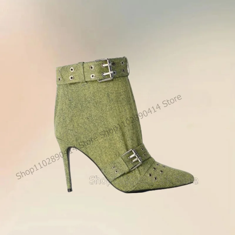 Green Canvas Metal Rivets Buckle Decor Boots Ankle Buckle Strap Women Shoes Thin High Heels Pointed Toe 2024 Zapatos Para Mujere