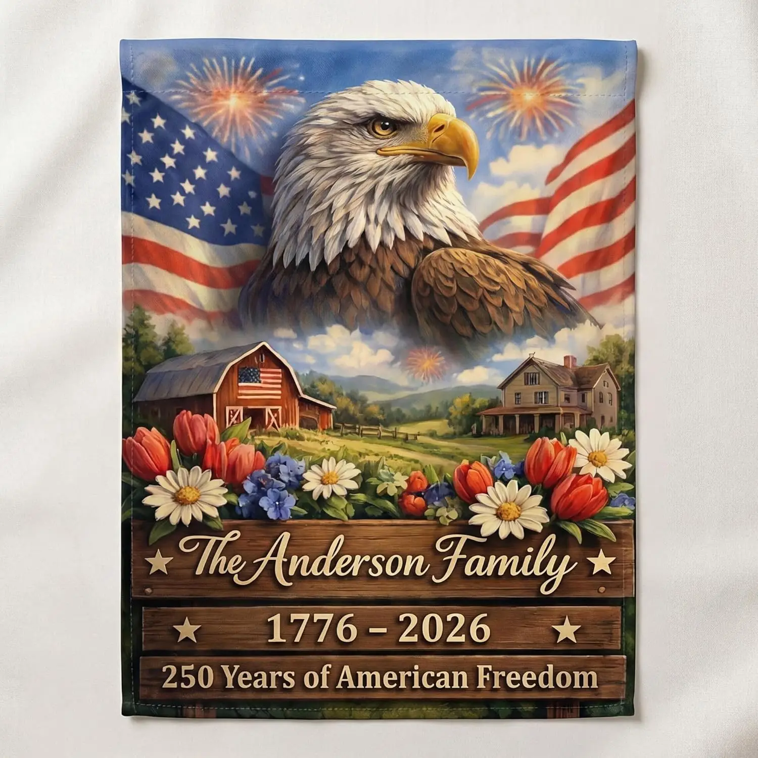 Personalized USA 250th Anniversary Garden Flag Family Name, Customized Double Sided Linen Patriotic Yard Sign, 1776-2026 Day ZZM