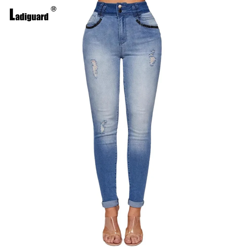 Vrouwen Hoge Cut Denim Potlood Broek Vrouwelijke Enkellange Broek Streetwear 2024 Amerikaanse En Europese Stijl Patchwork Jeans Broek