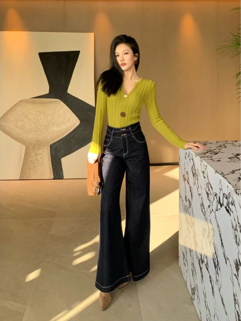 

Autumn Winter Versatile Long Sve Knitted V-Ne Design Sensation Top Women Ele Slimming Innerwear Outerwear