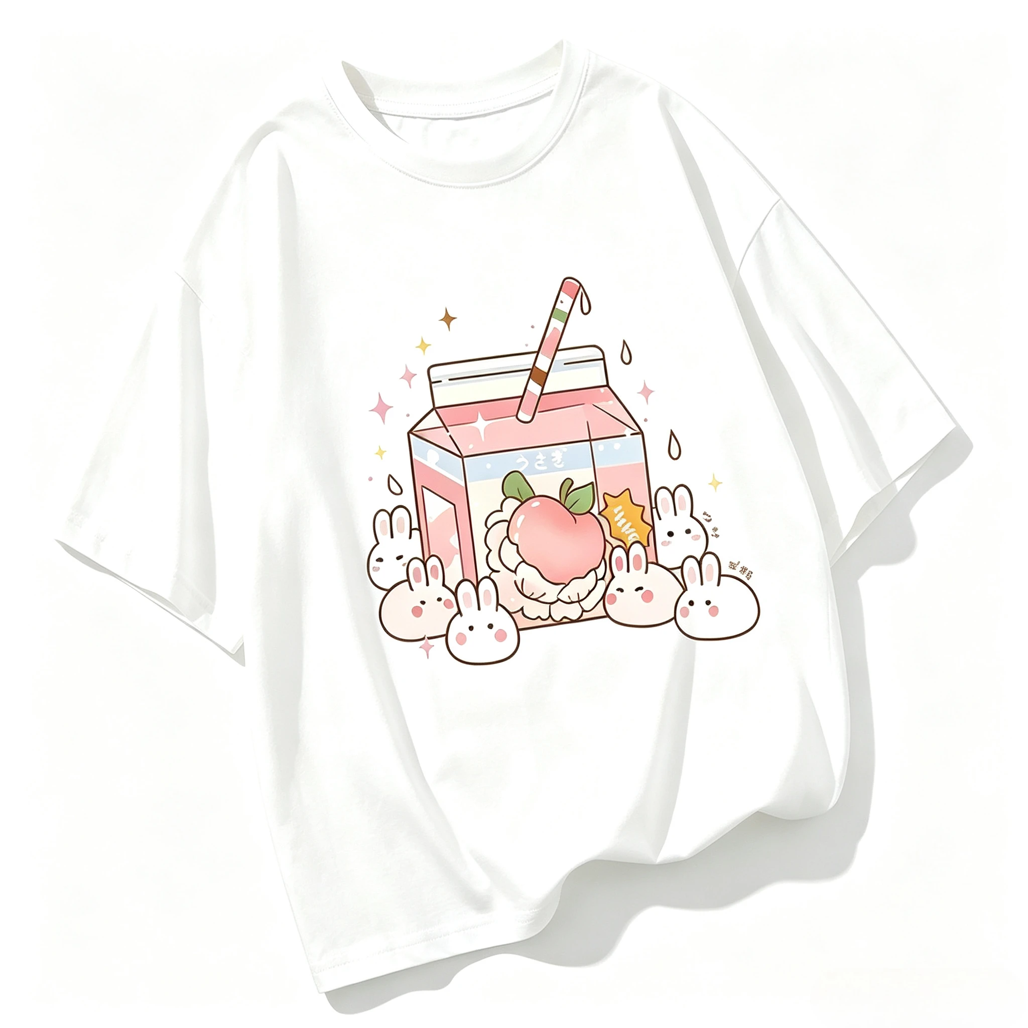 Cute strawberry milk rabbit printed T-shirt in anime style for ladies, a loose round-neck casual summer top
