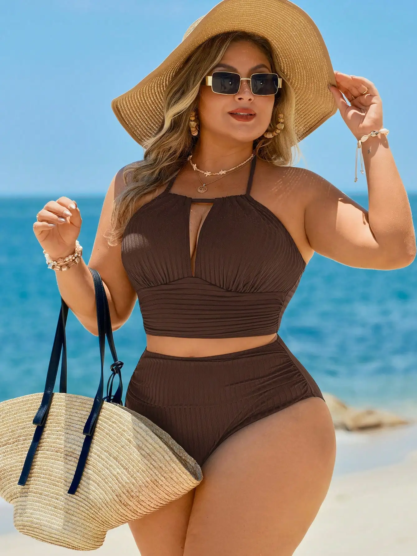 

Brown Ribbed Halter Neck High Waist Bikini Set For Beach Vacation