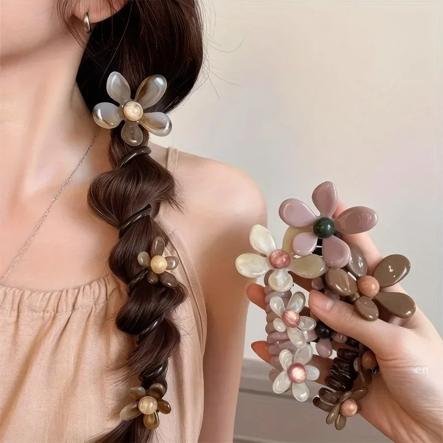 1Pc Stylish Soft Floral Bubble Hair Tie, Delicate Braided Design Perfect For Daily Hairstyle Decoration. - Detail 1
