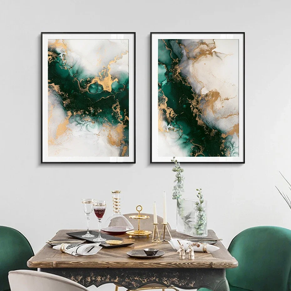 Nordic Green Gold Fashion Marble Pattern Printed Poster Wall Art Canvas Painting Bedroom Home Decoration Canvas Painting