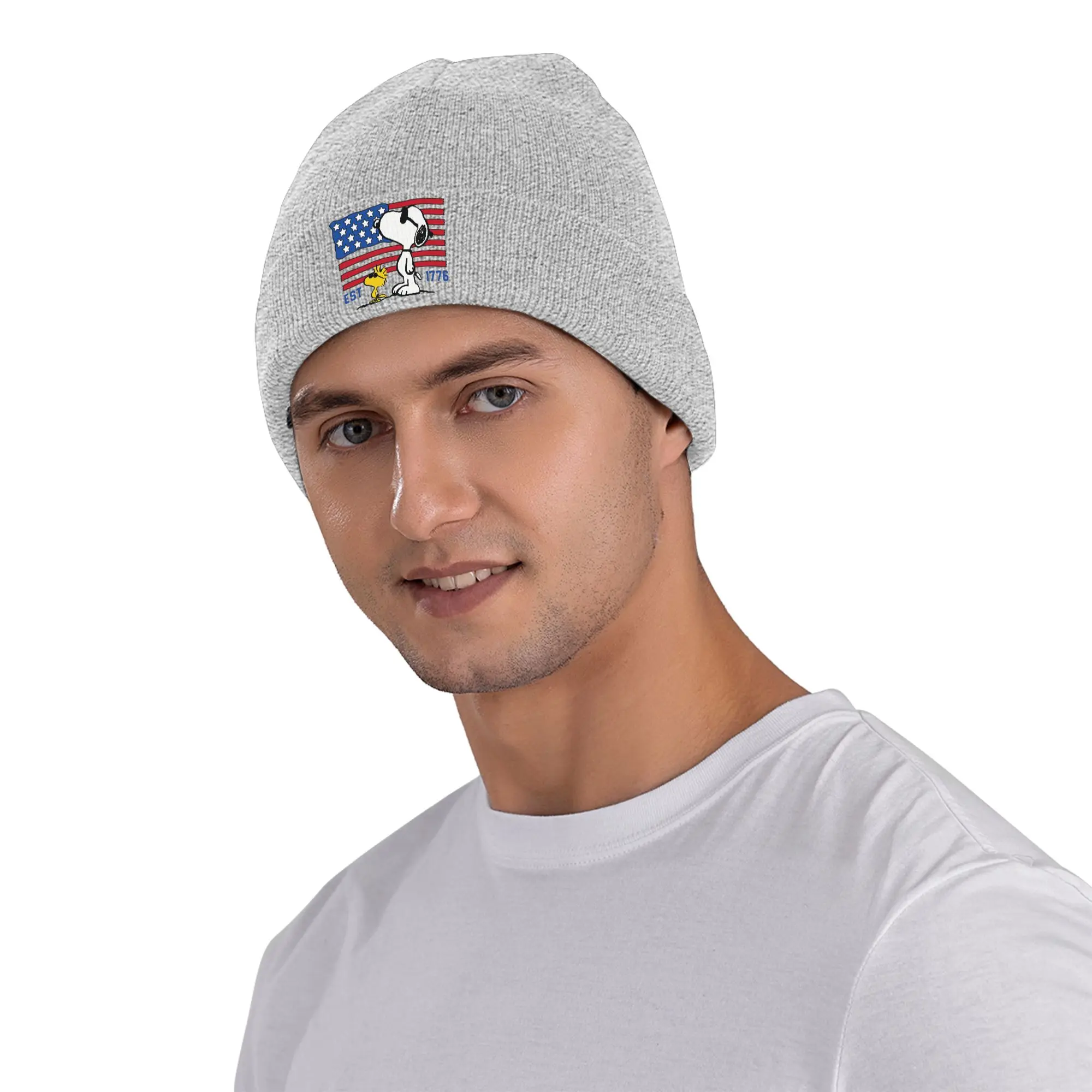 America 250th Anniversary Patriotic Snoopys Knitted Caps for Men Beanie Winter Hat Acrylic Funny 4th Of July Crochet Melon Cap