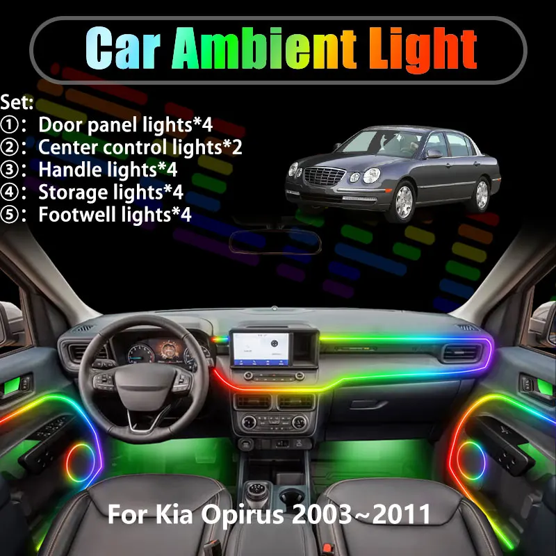 Para Kia Opirus 2003~2011 Amanti 2004 2005 2/18 en 1, iluminación ambiental para coche, luces LED interiores para maletero, luces LED USB RGB, conjunto de luces de ambiente.