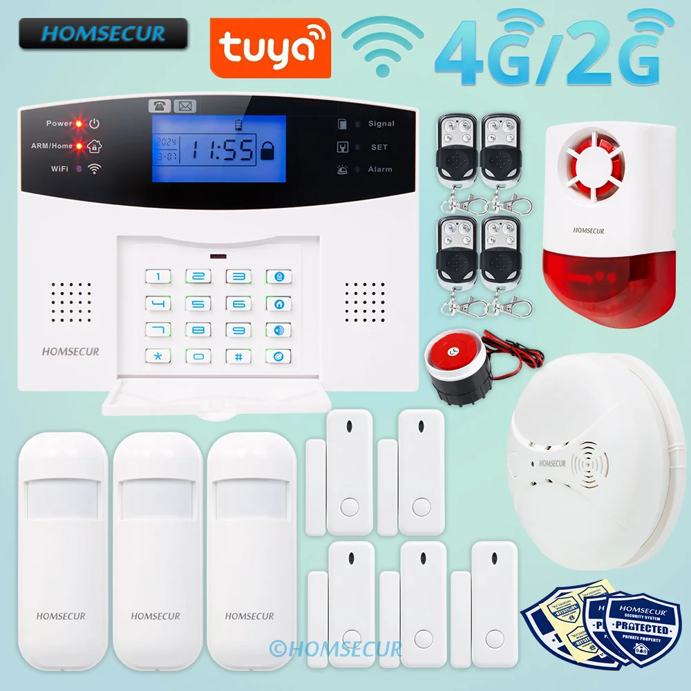 

HOMSECUR Wireless &Wired WIFI 4G 2G SMS Autodial Burglar Alarm Home Security System Tuya APP 433MHz PIR Smoke Sensor Flash Siren