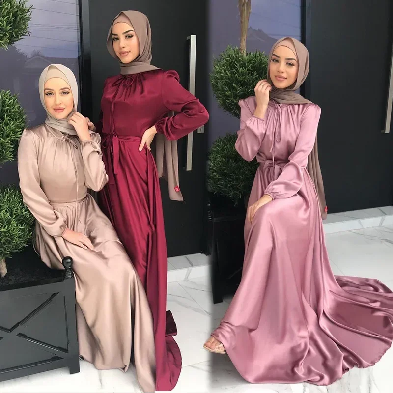 2024 Middle East Saudi Foreign Trade Cross-border Muslim Hui Solid Color Robe and Ankle Dress Dubai Abaya Muslim Sets