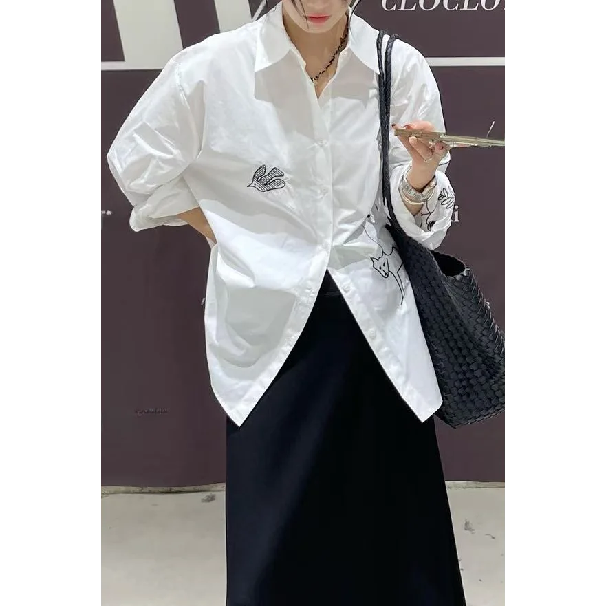 

Embroidered White irt Women's Loose Sun Protection High End Unique Design Casual Wear Cotton Long Sve Button up Top