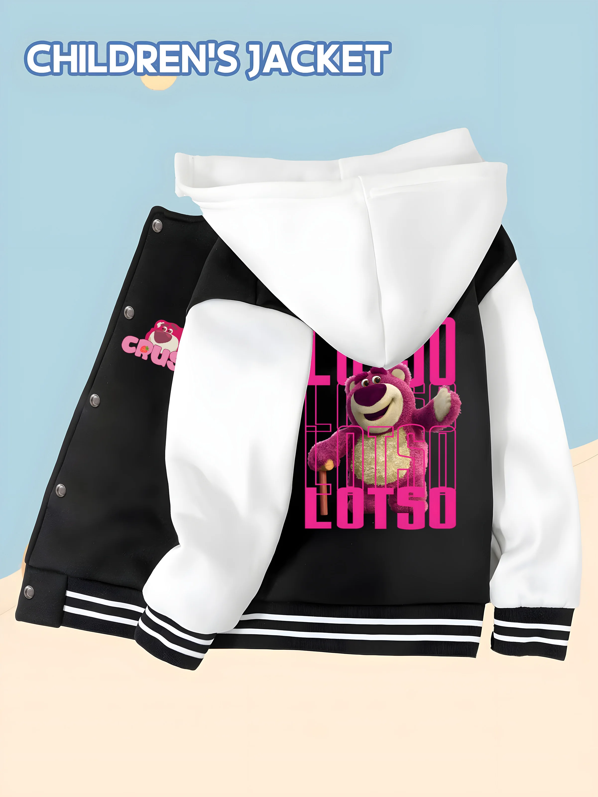 

MINISO Disney Boys' Baseball Jacket - Strawberry Bear "LOTSO" Style, Double-sided Strawberry Bear Graphic, Perfect for School