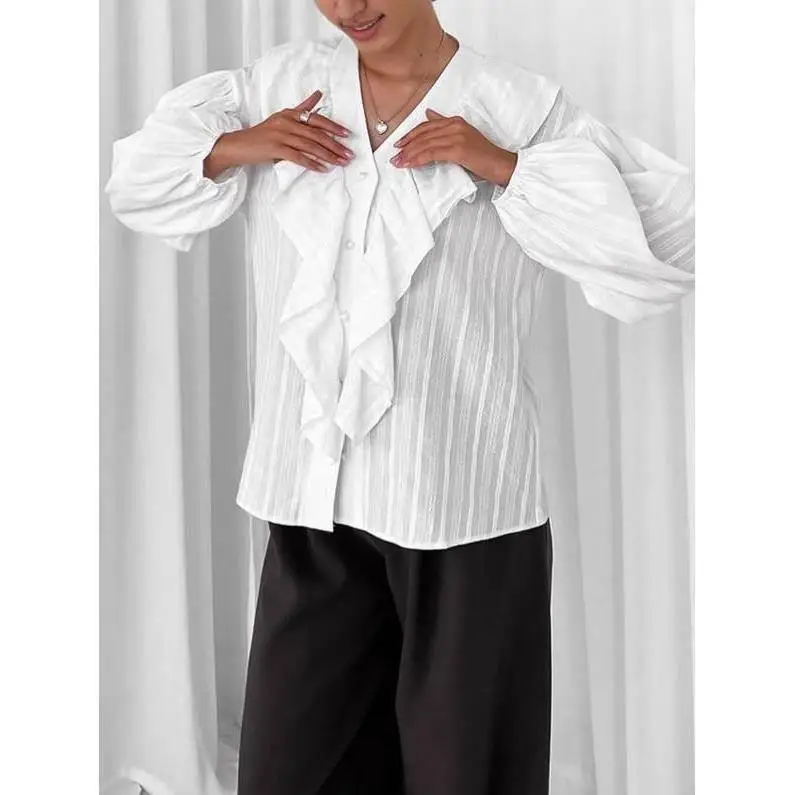 French Pure Cotton V-ne irt Women's Commute Sle Long Sve oulder Paded Regular Thin Color  Not Easy to De...