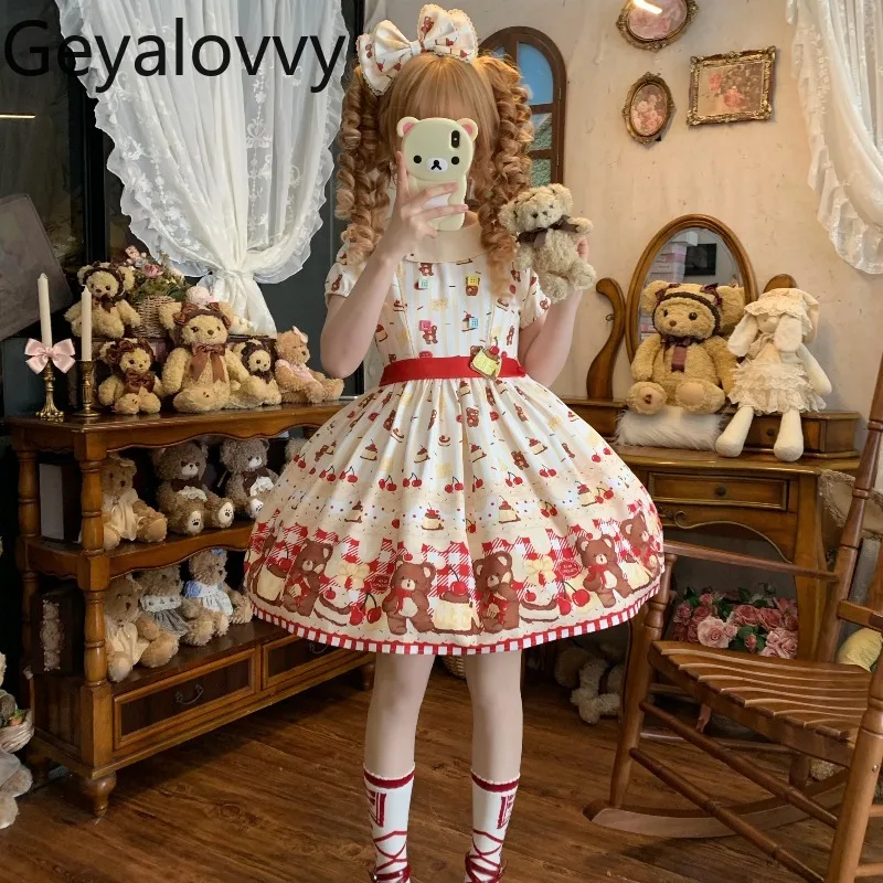 

Новое японское платье в стиле лолита с высокой талией, пышными короткими рукавами, милым воротником-стойкой, облегающее, с мультяшным принтом