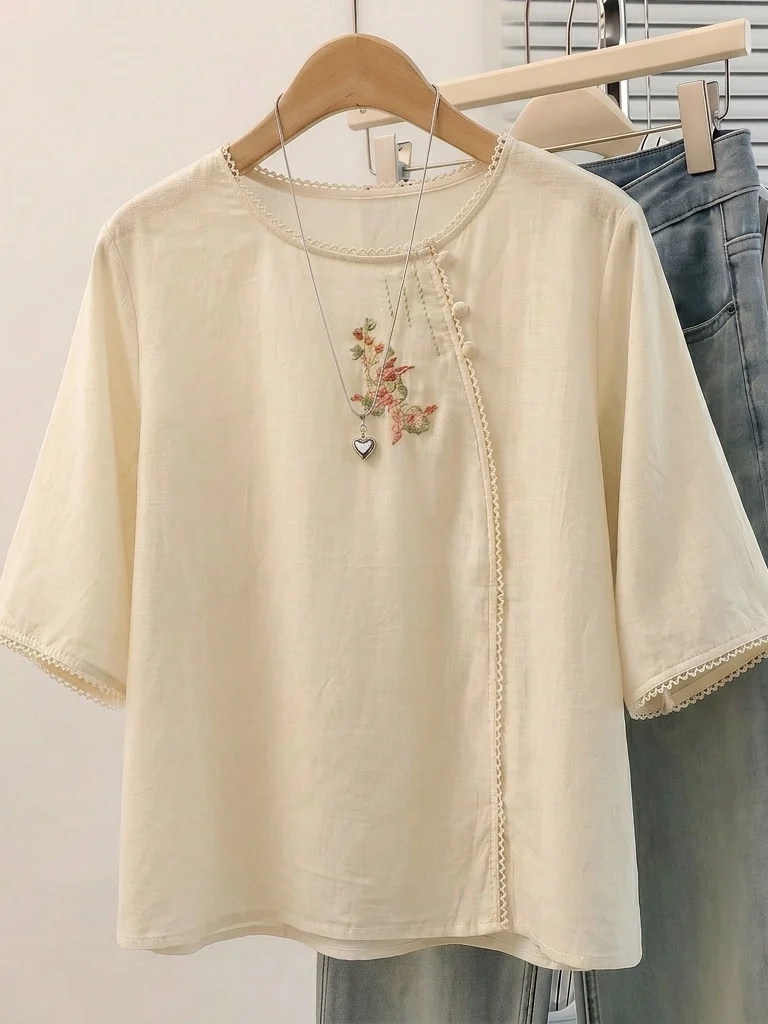 

New Chinese Style Embroidered Short Sleeve Shirt Women's Summer Thin Slimming Top Large Size Comfortable Breathable Blouse