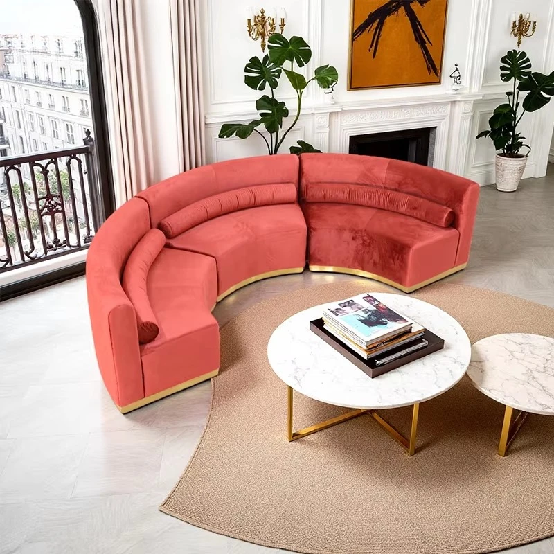 Luxury simple velvet curved combination sofa with gold base, suitable for hotel lobbies, boutique hotels, hospitals