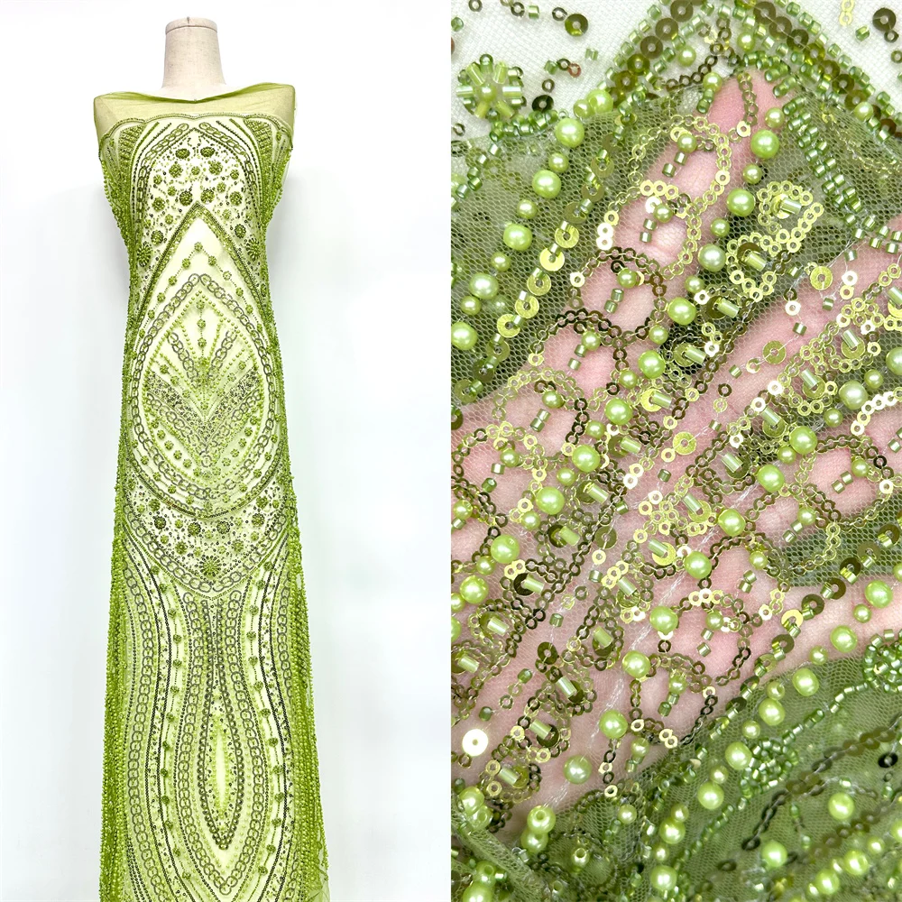 

Green Nigerian French Sequins Mesh Lace Fabrics 5Yards 2026 New African Beads Lace for Christmas Women Wedding Dresses Sewing