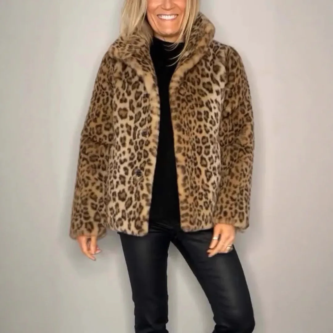 2025 Autumn and Winter Fashion Leopard Print Lapel Faux Fur Women's Short Jacket