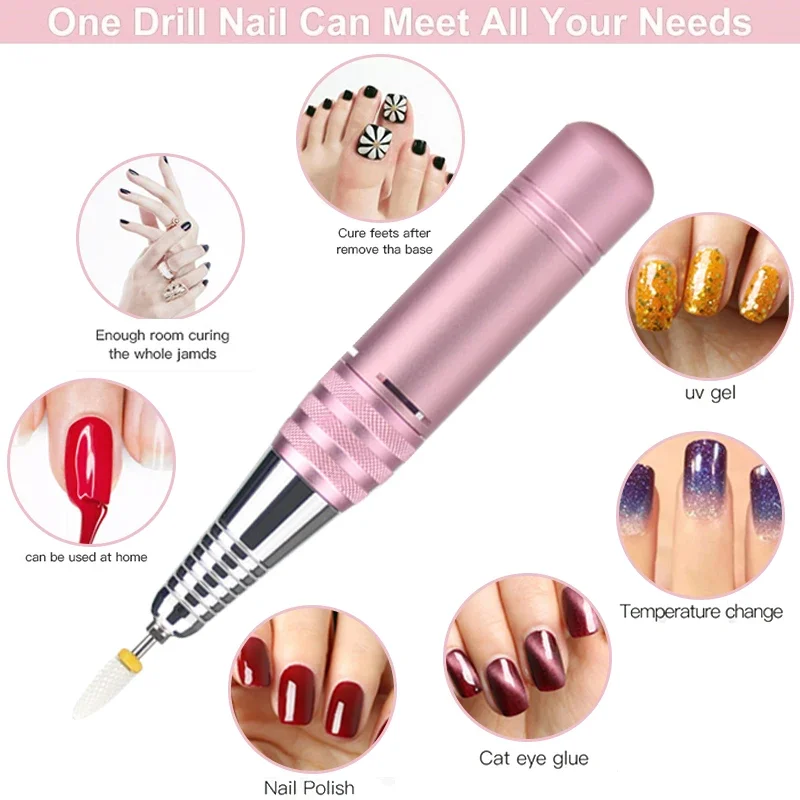 Electric Nail Drill Machine, USB Portable Nail Drill Pen, Gel Polish Milling Files, Bit Tool Set, 35000 RPM