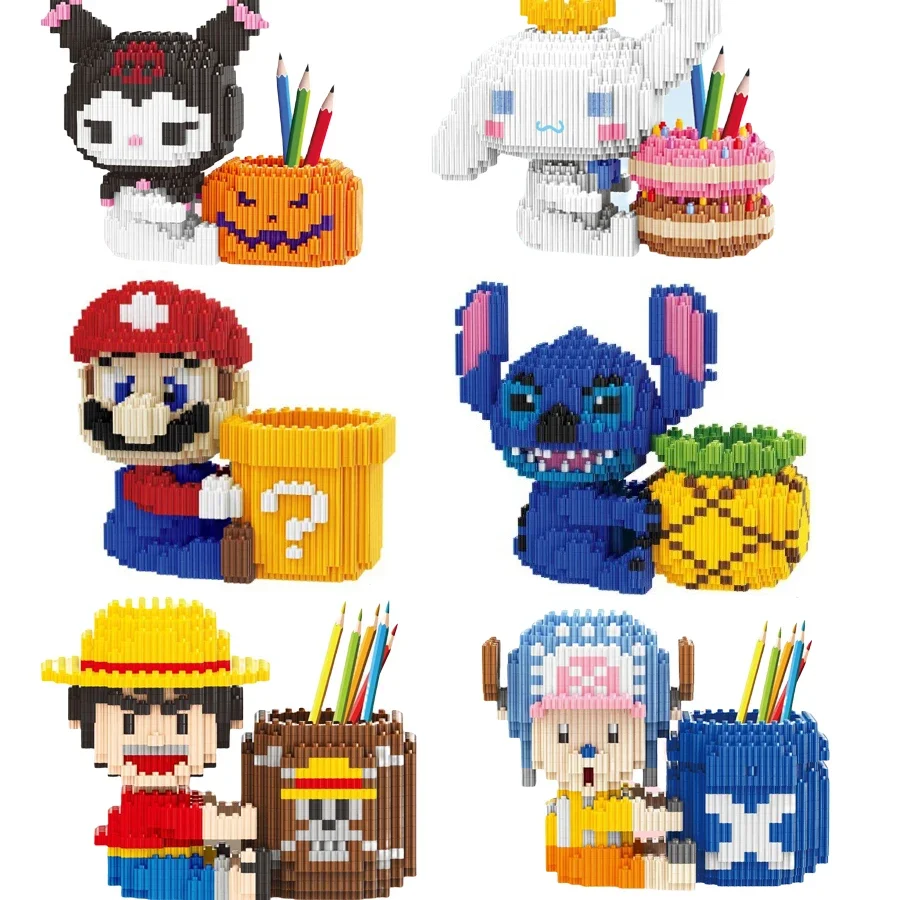 Linkgo Sanrio Building Blocks Luffy Stitch Chopper Pochacco Kuromi DIY Assembly Super Mario Puzzle Pen Holder Mini Bricks Toys