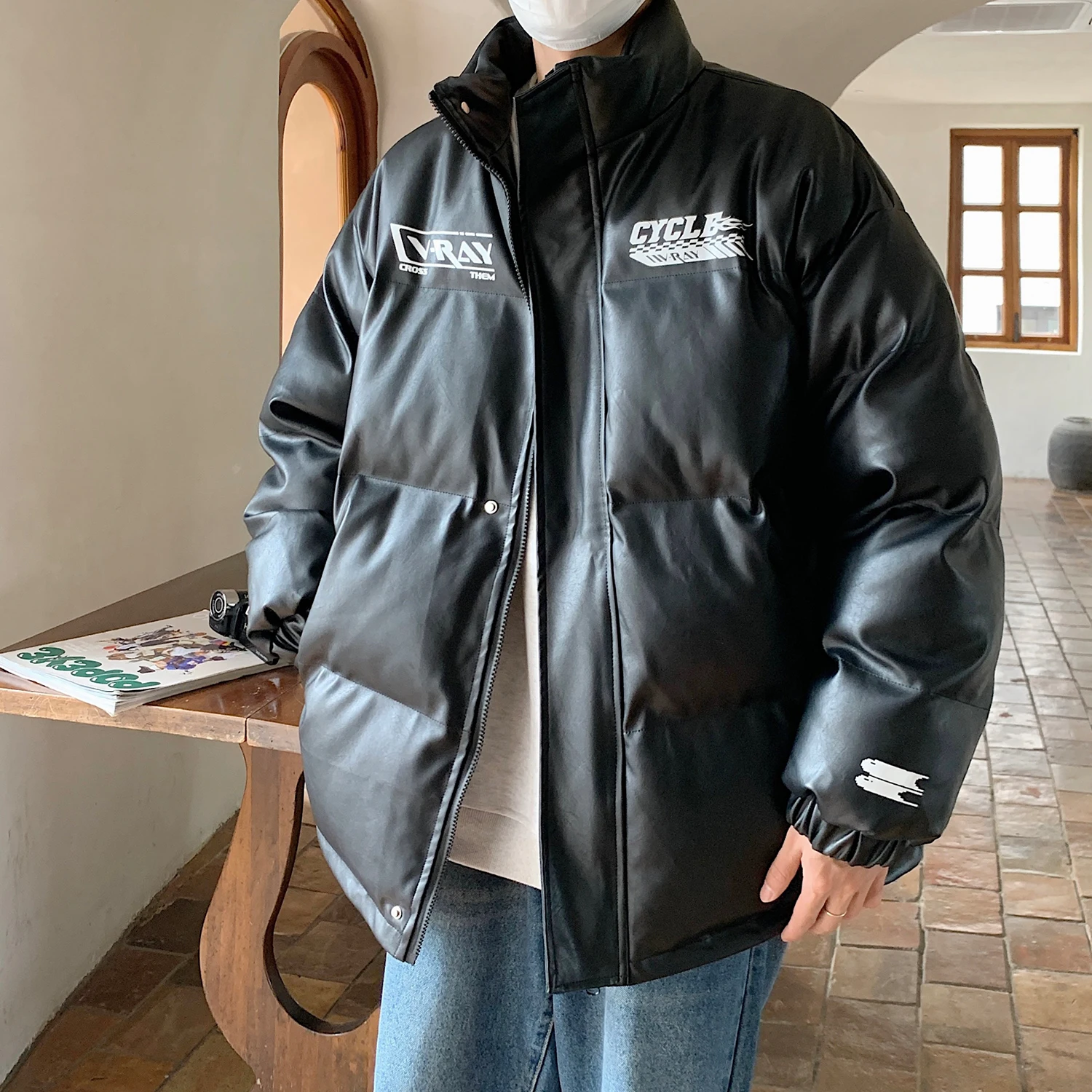 

Мужская утепленная куртка-косуха из искусственной кожи с воротником-стойкой, зимнее теплое хлопковое пальто в американском ретро-стиле для пар