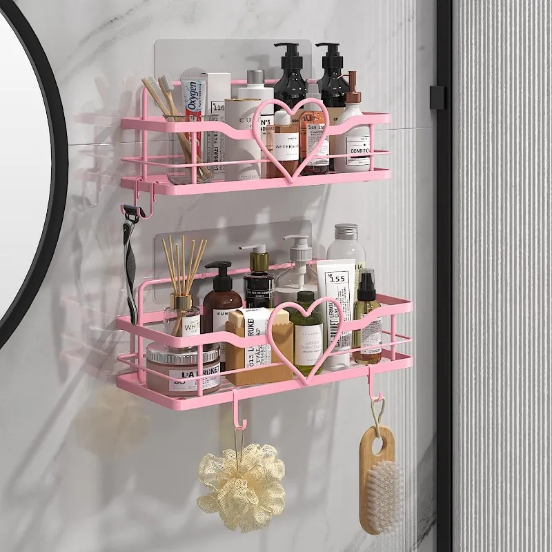 Pink Shower Caddy with 4 Removable Hooks, 2 Pack Sweet Heart Shelves,No Drilling Adhesive Organizer Shelf for Bathroom Shower