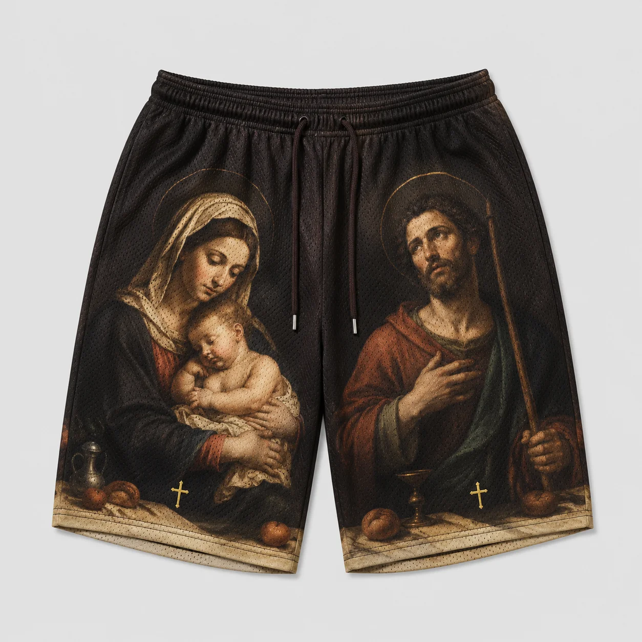 Mens Black Mesh Shorts Jesus Last Supper Religious Art Print Drawstring Basketball Shorts Summer Streetwear Bottoms