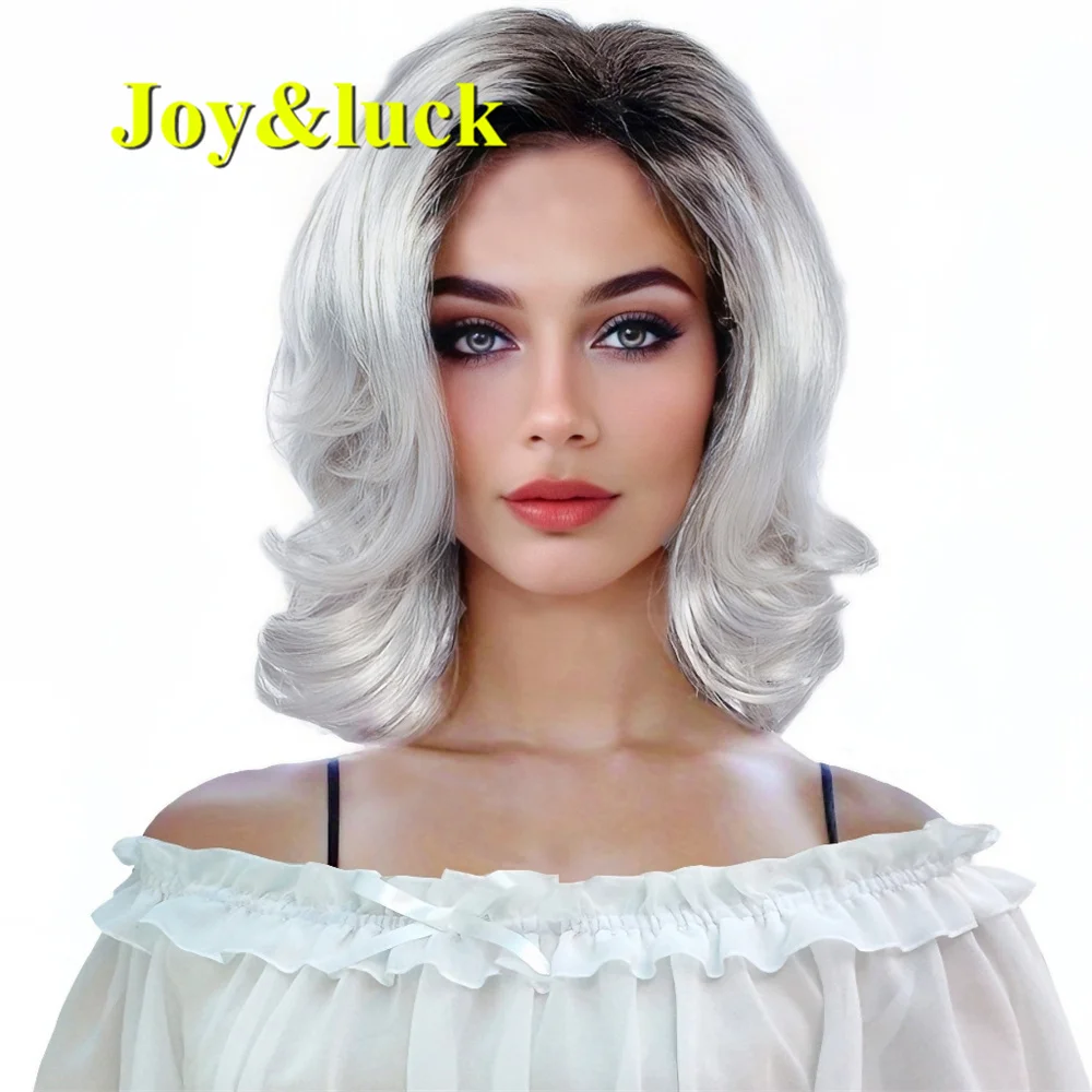 

Synthetic Female Cosplay Wig Short White Ombre Black Roots Natural Wavy Curly Wigs For Women High Quality Ladies Party Hair