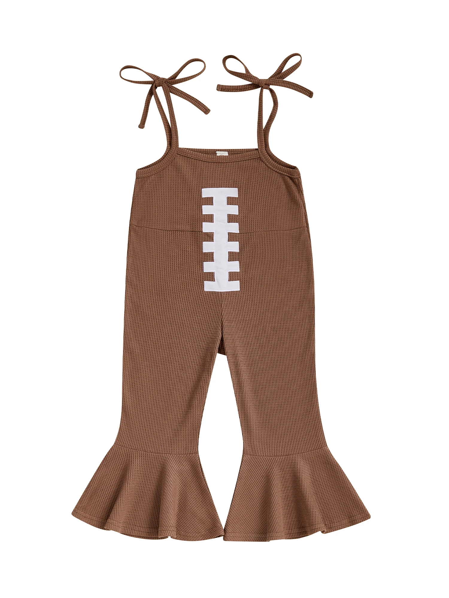 

Girls Football Style Denim Overalls with Square Neckline Spaghetti Straps and Bell-Bottom Pants - Adorable Spring Fall Outfit