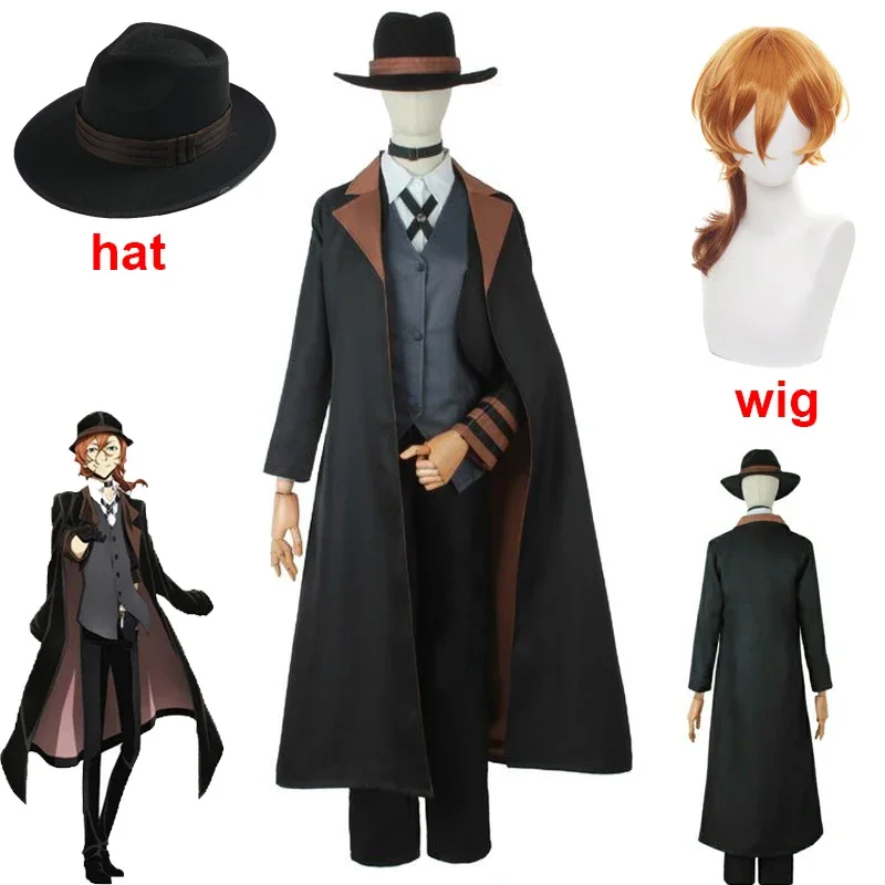 Bungou stray dogs men women nakahara chuuya cosplay costume wig hat glove jacket pants female Chuya suit