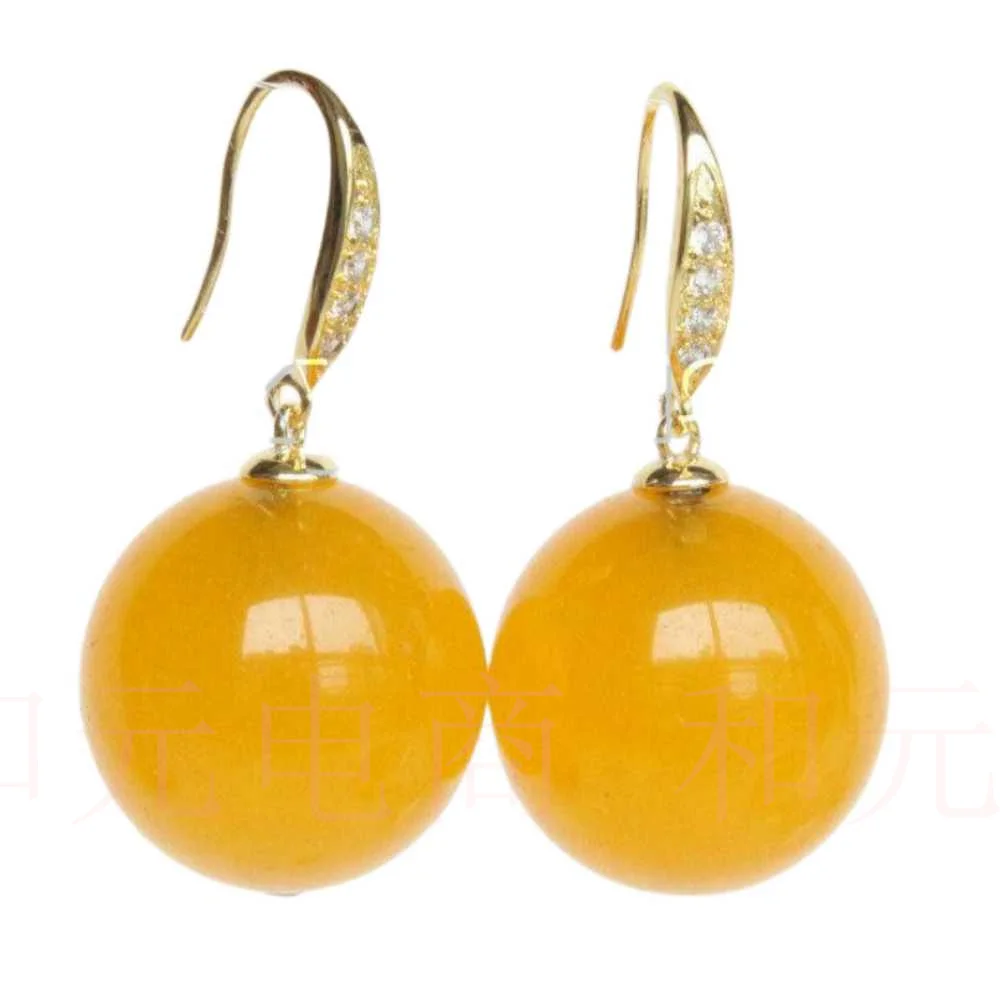 

Natural Dangle 16mm round yellow jade beads Earrings 18K hook Christmas Classic Cultured Ear stud