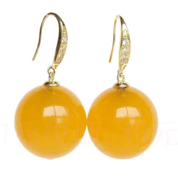 Natural Dangle 16mm round yellow jade beads Earrings 18K hook Christmas Classic Cultured Ear stud