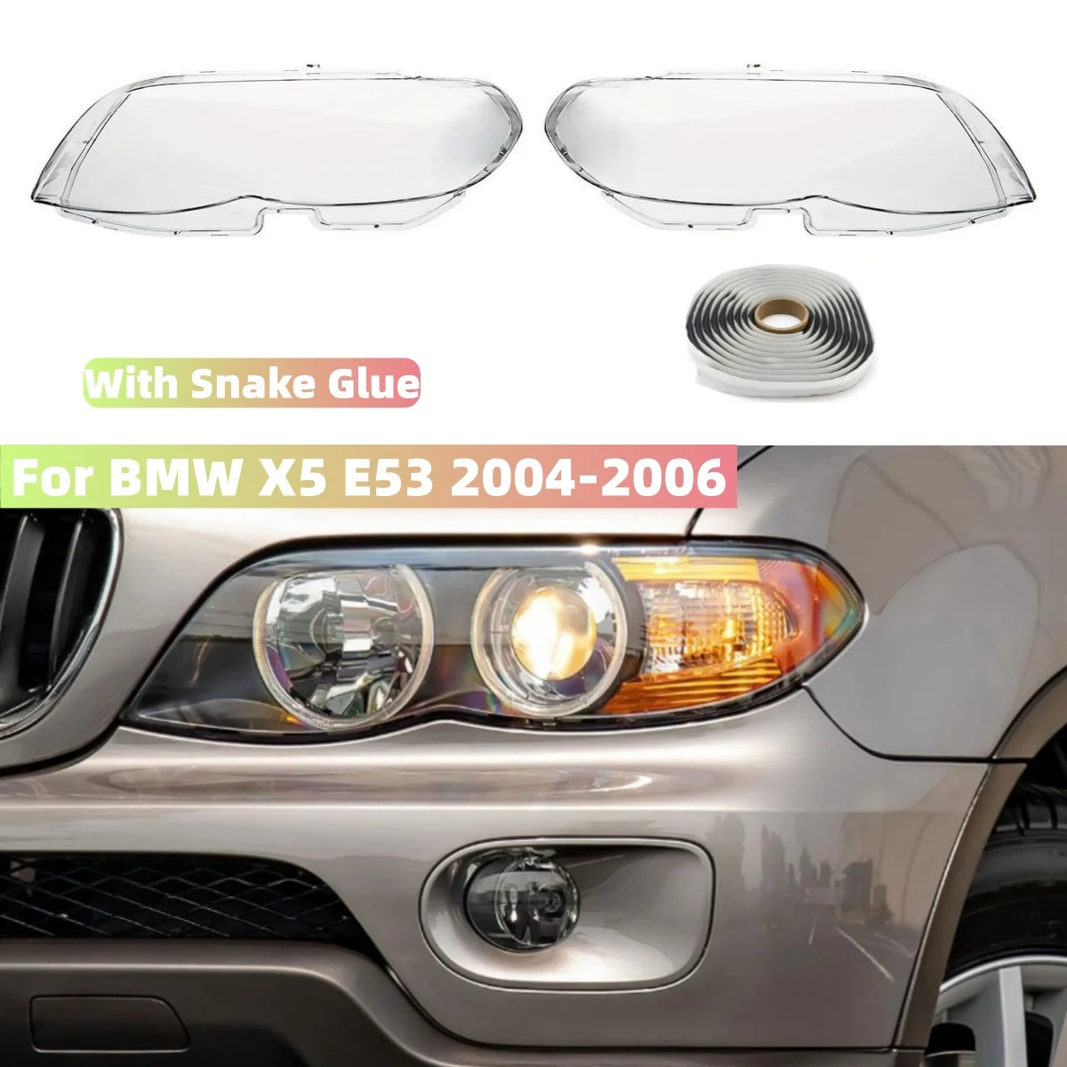 1 Satz Scheinwerferabdeckung, Scheinwerfergehäuse, Ersatz, transparenter Lampenschirm für BMW X5 E53 2004 2005 2006, transparenter Lampenschirm mit Schlangenkleber